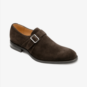 A Brown Loake Monk-Strap Shoe made from Suede and featuring a buckle clasp